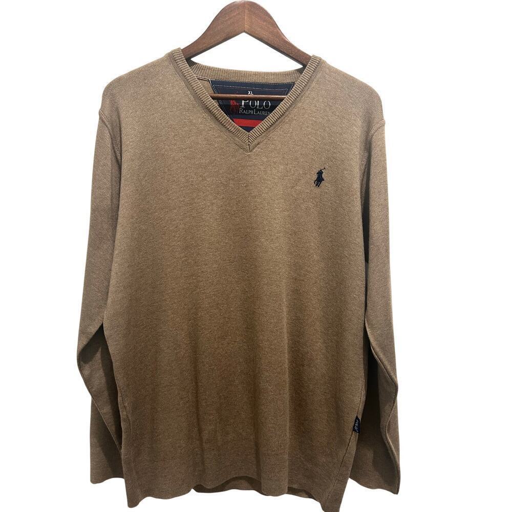 POLO RALPH LAUREN Men’s Cotton V Neck Sweater Camel Size XL Preppy